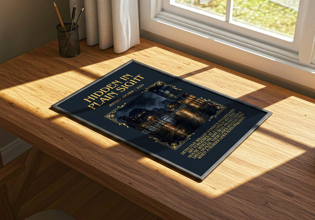 Hidden In Plain Sight Minimalist Book Poster by Jeffrey Archer – print on a sunlit desk