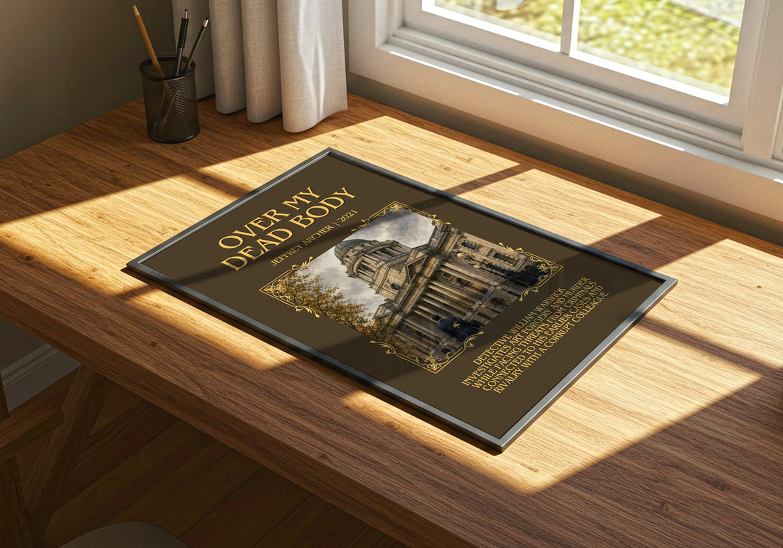 Over My Dead Body Minimalist Book Poster by Jeffrey Archer – print on a sunlit desk