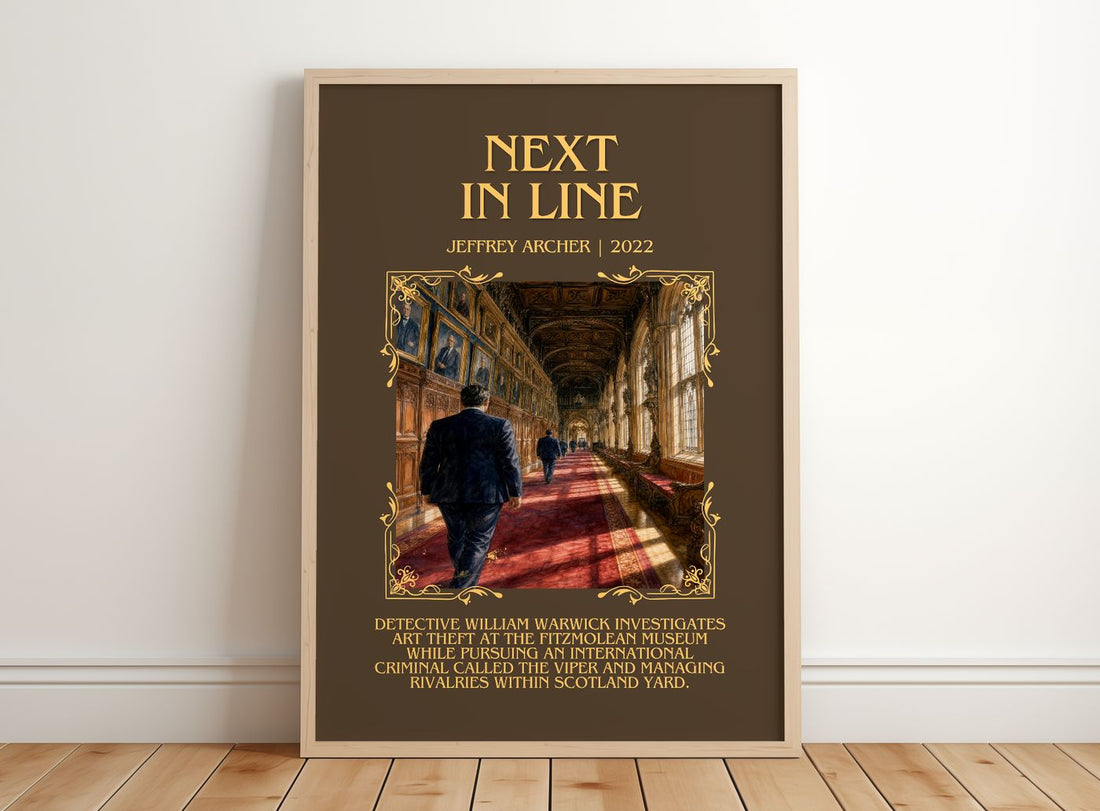 Next In Line Minimalist Book Poster by Jeffrey Archer – framed print leaning on a wooden floor