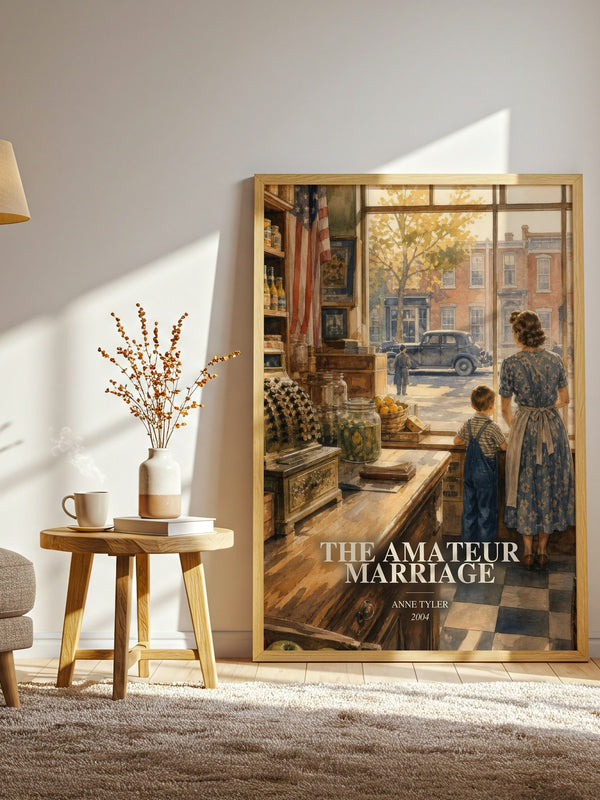 The Amateur Marriage watercolour print in frame leaning in hallway – literary fiction wall art