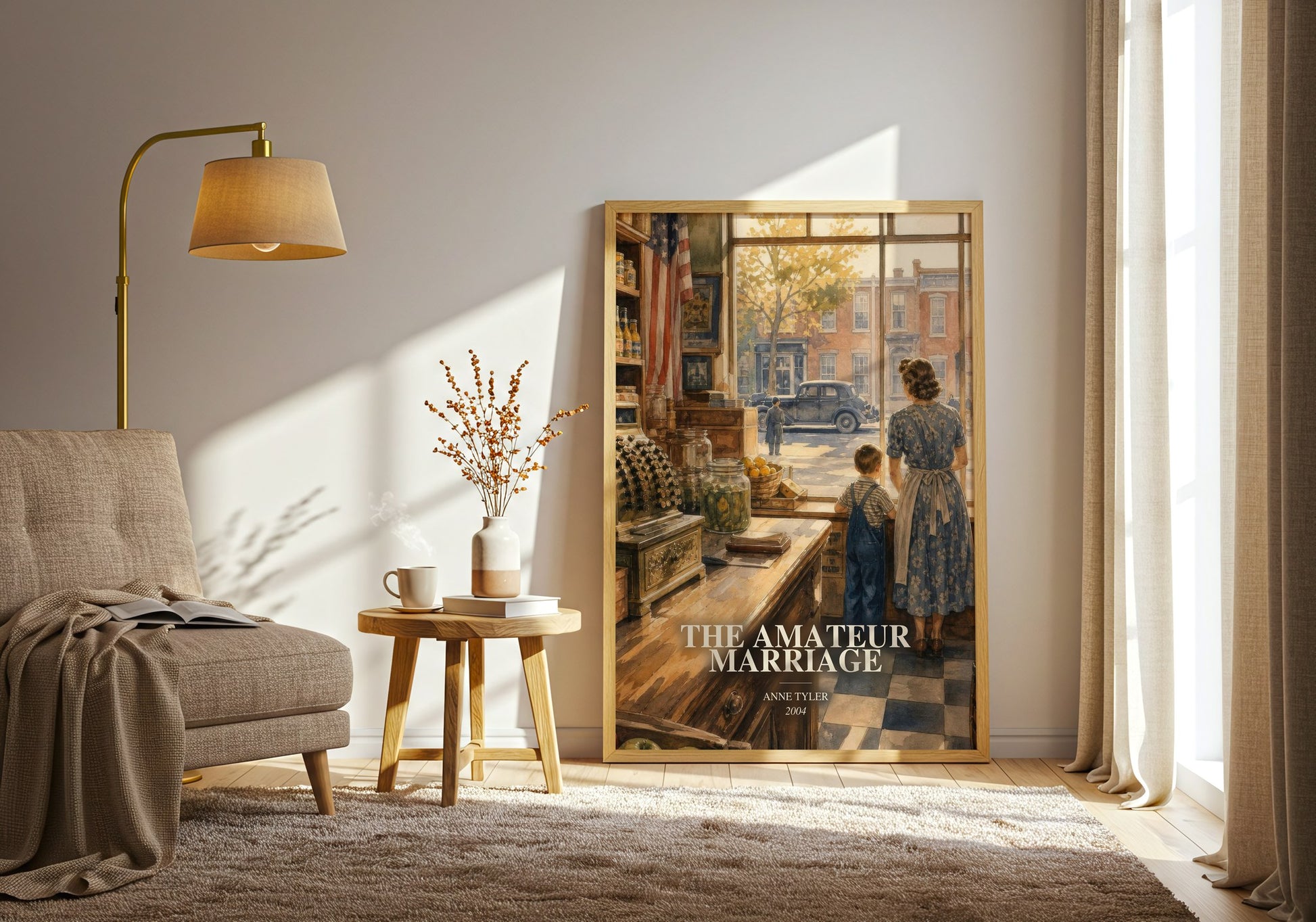 The Amateur Marriage watercolour print in frame leaning in hallway – literary fiction wall art