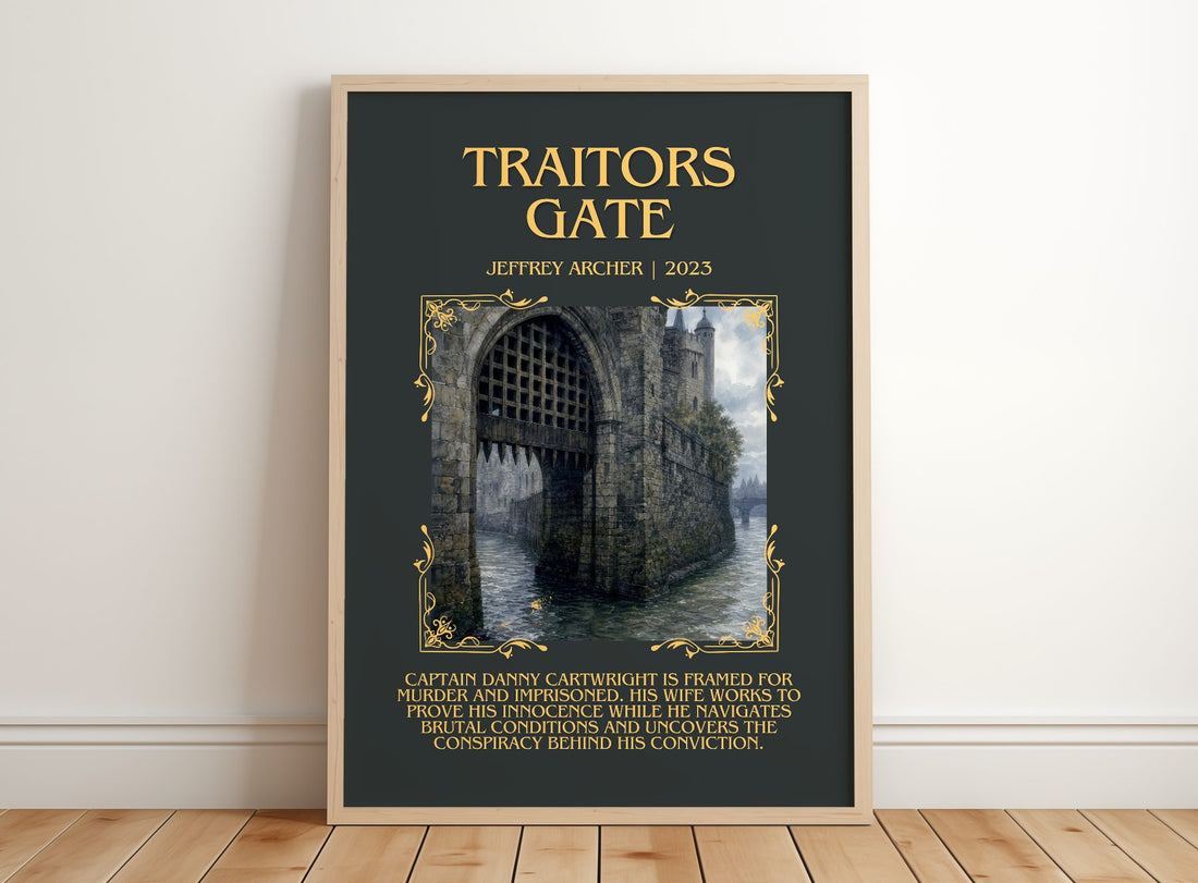 Traitors Gate Minimalist Book Poster by Jeffrey Archer – framed print leaning on a wooden floor