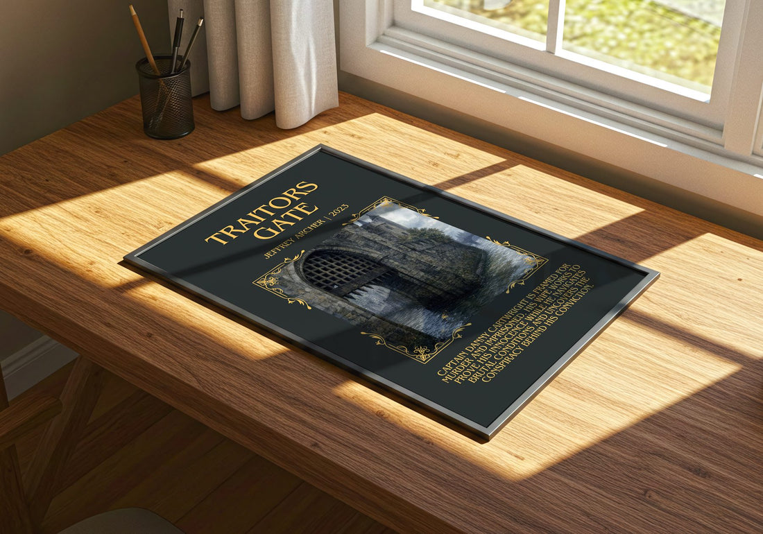 Traitors Gate Minimalist Book Poster by Jeffrey Archer – print on a sunlit desk