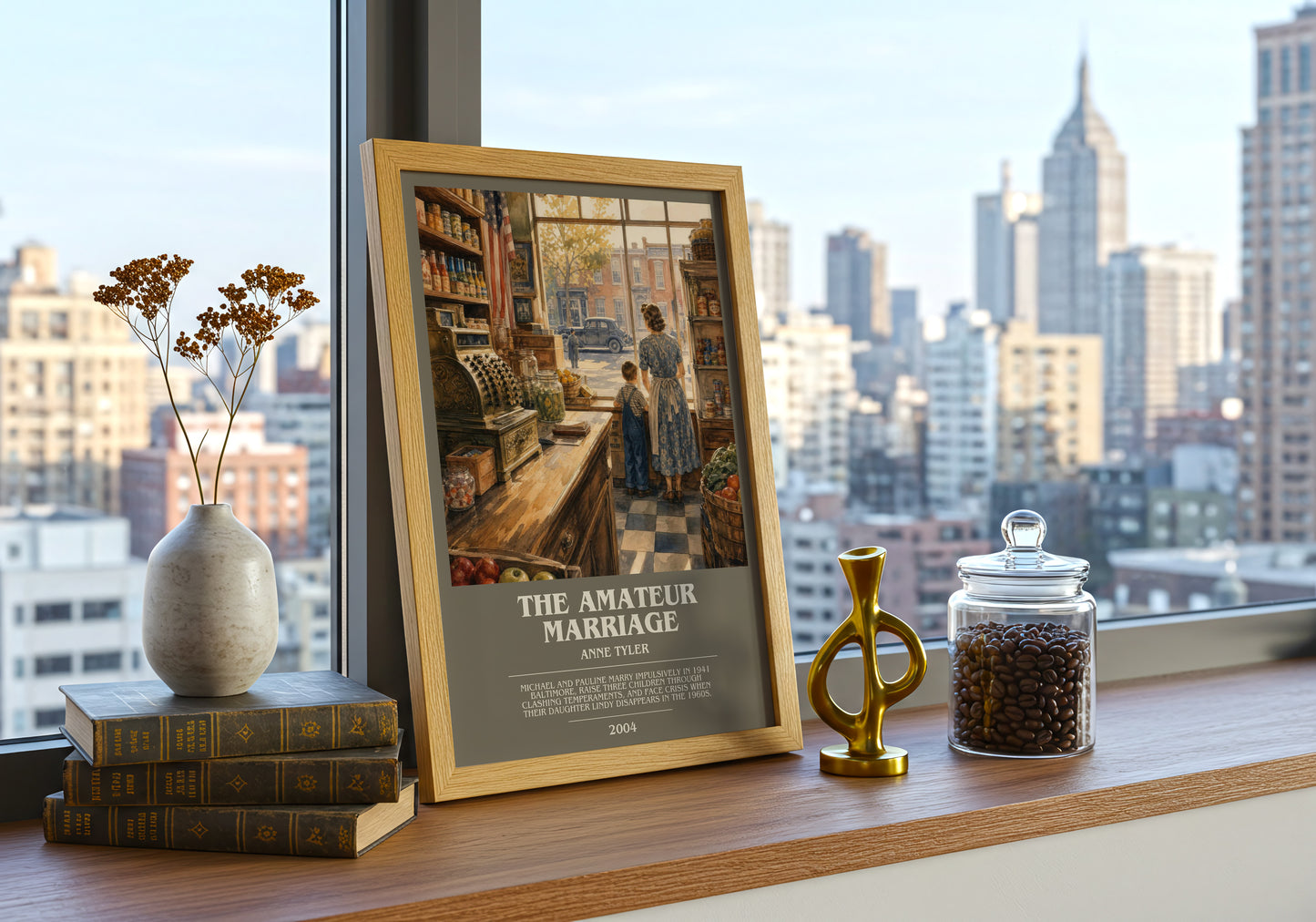 The Amateur Marriage bookish print framed by window – literary home decor