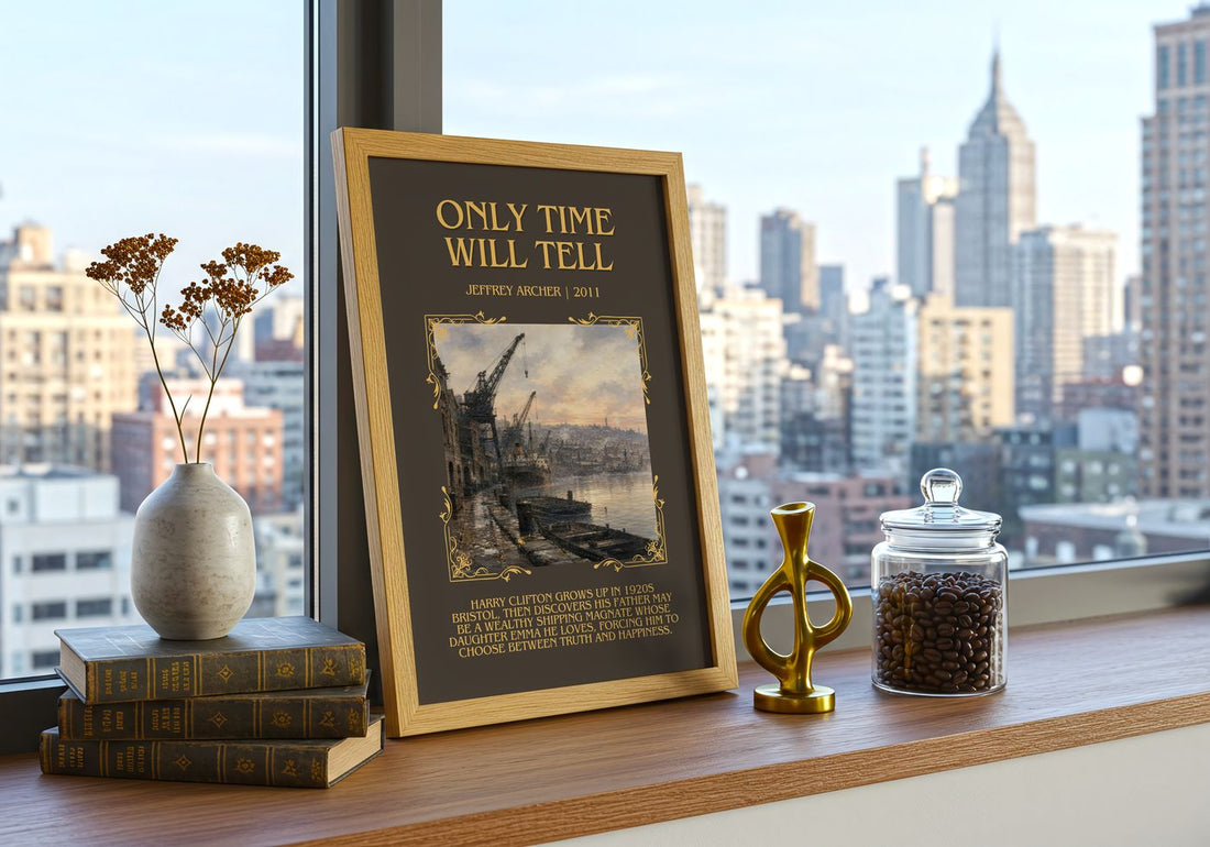 Only Time Will Tell Minimalist Book Poster by Jeffrey Archer – framed print on a city-view windowsill