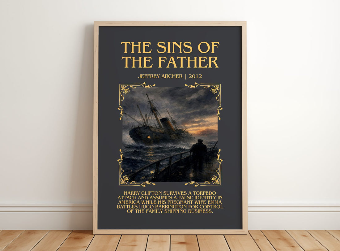 The Sins Of The Father Minimalist Book Poster by Jeffrey Archer – framed print leaning on a wooden floor