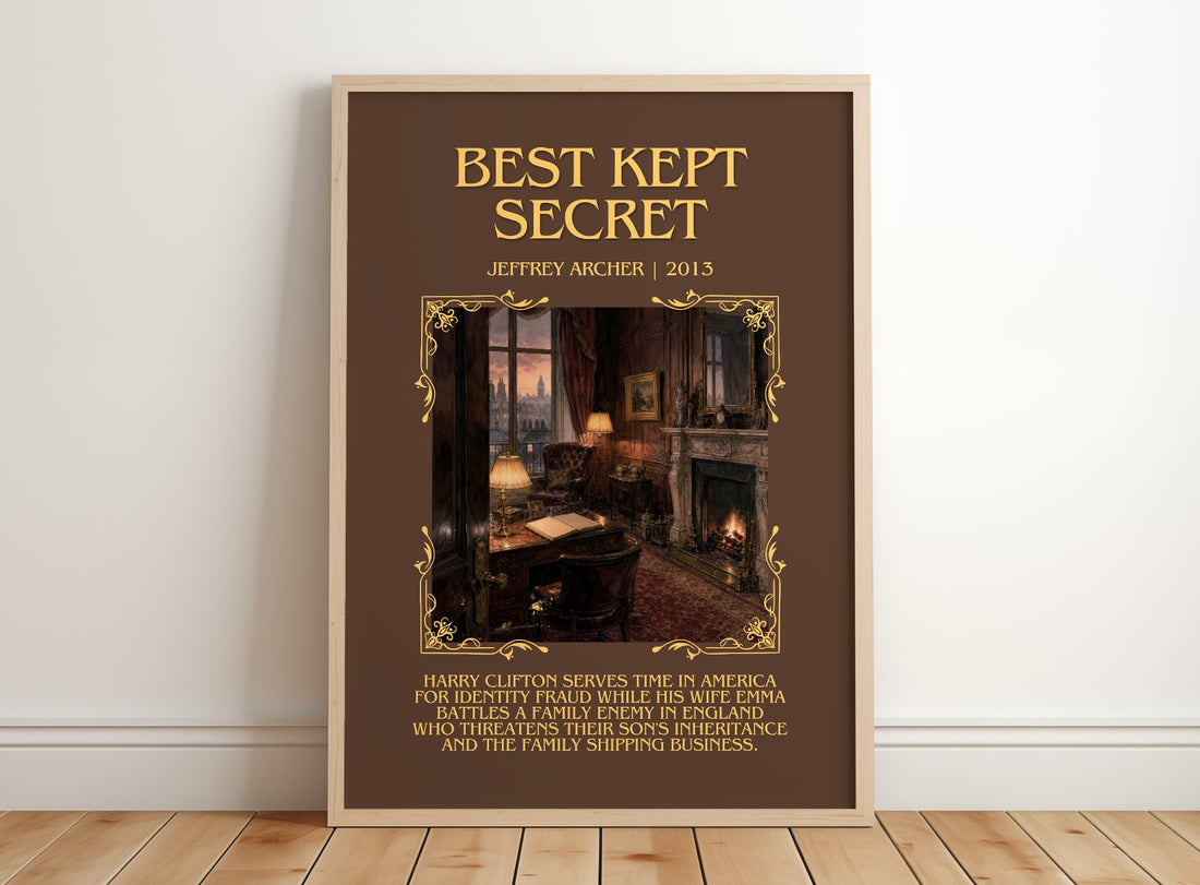 Best Kept Secret Minimalist Book Poster by Jeffrey Archer – framed print leaning on a wooden floor
