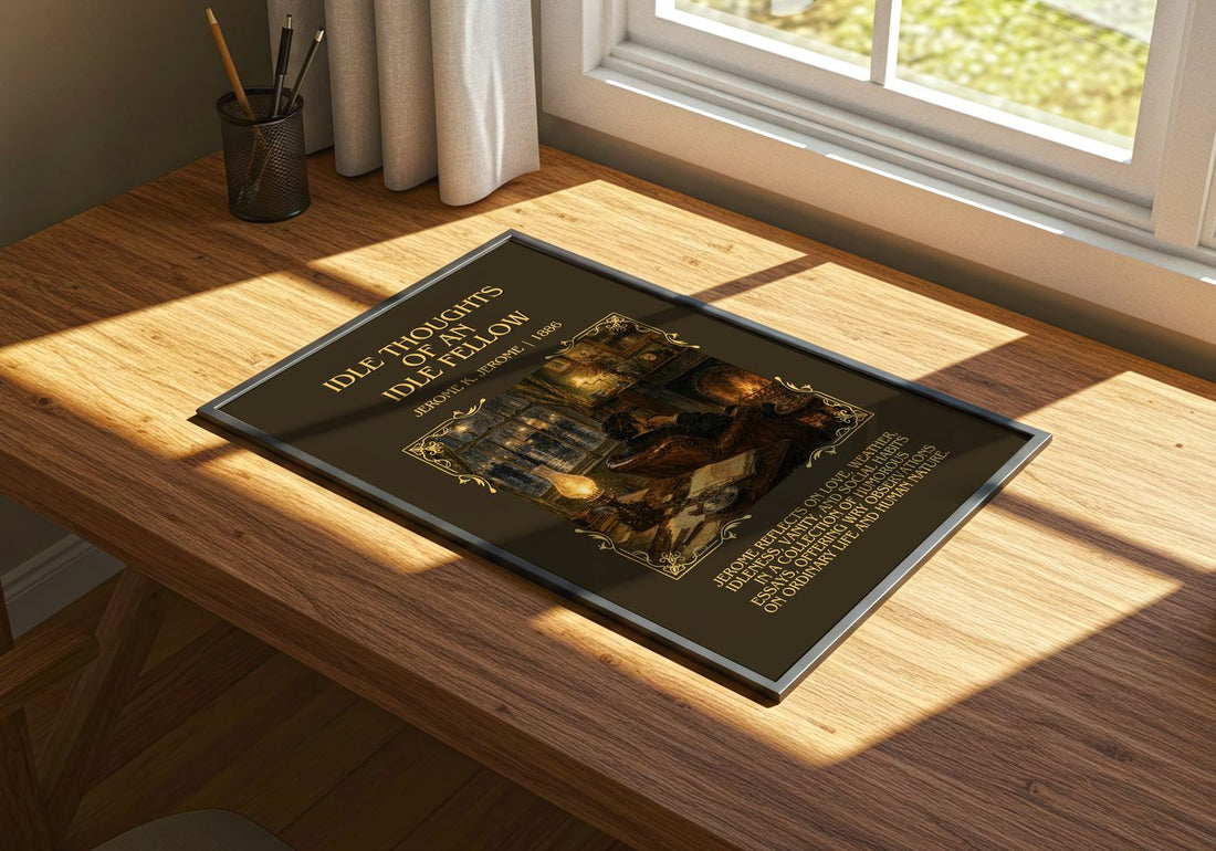 Idle Thoughts Of An Idle Fellow Minimalist Book Poster by J. Jerome – print on a sunlit desk