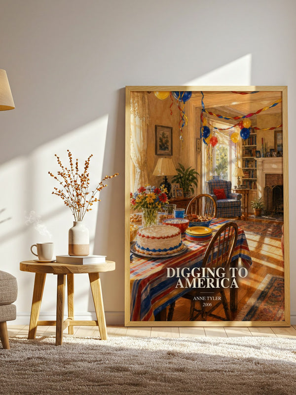 Digging To America watercolour print in frame leaning in hallway – contemporary fiction wall art