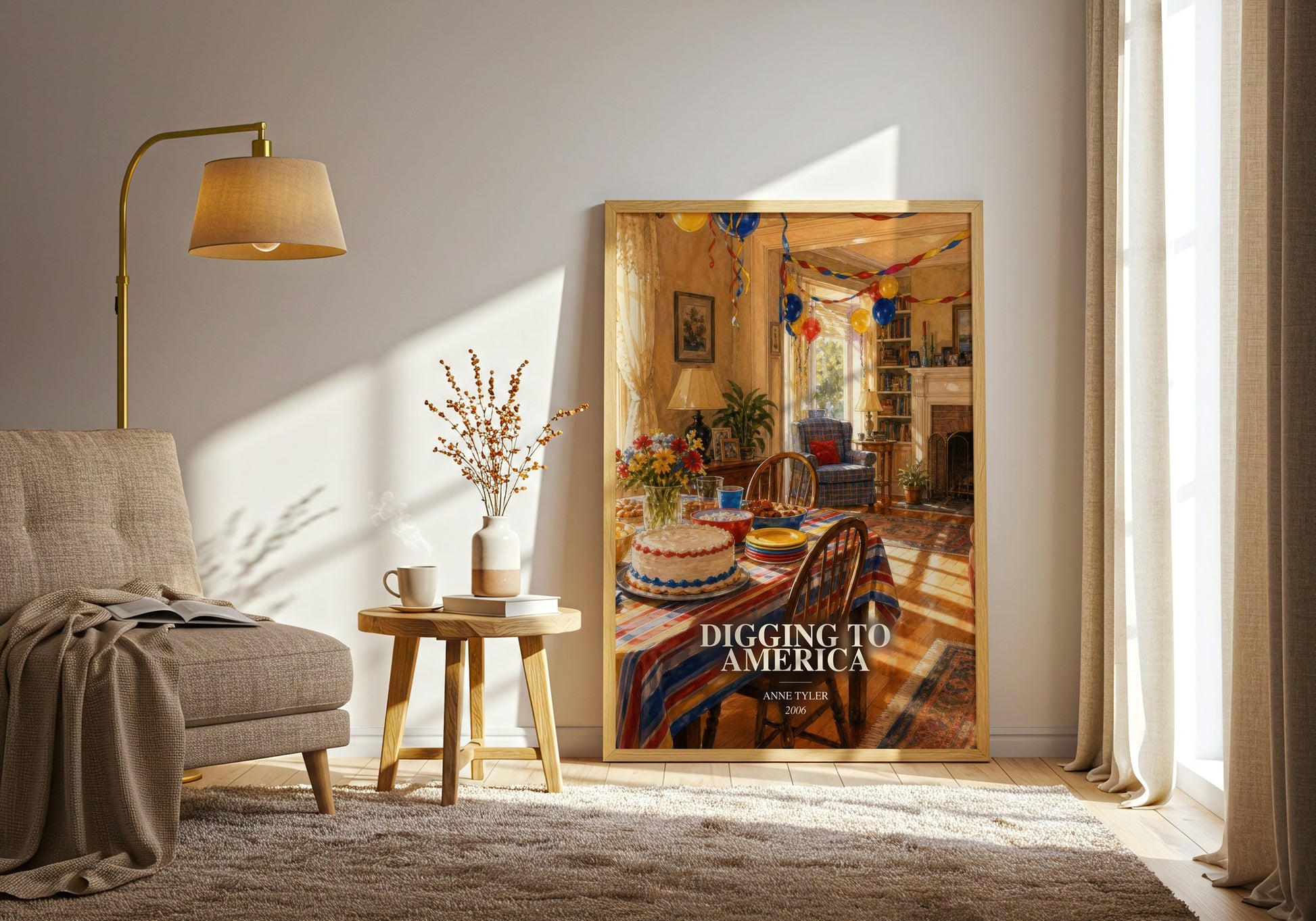 Digging To America watercolour print in frame leaning in hallway – contemporary fiction wall art