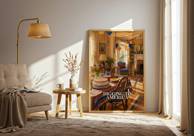 Digging To America watercolour print in frame leaning in hallway – contemporary fiction wall art