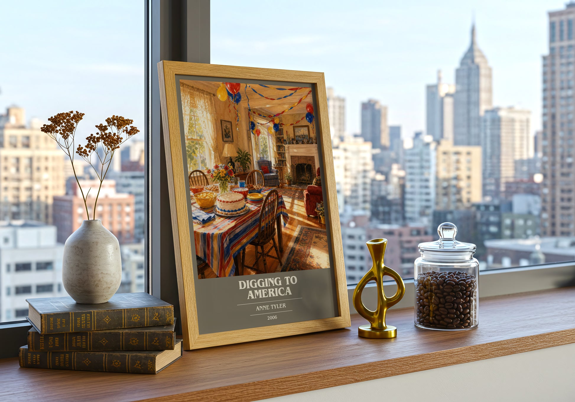 Digging To America book cover print framed by window – literary home decor
