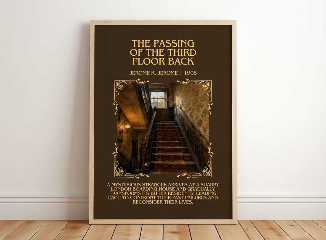 Passing Of The Third Floor Back Minimalist Book Poster by J. Jerome – framed print leaning on a wooden floor