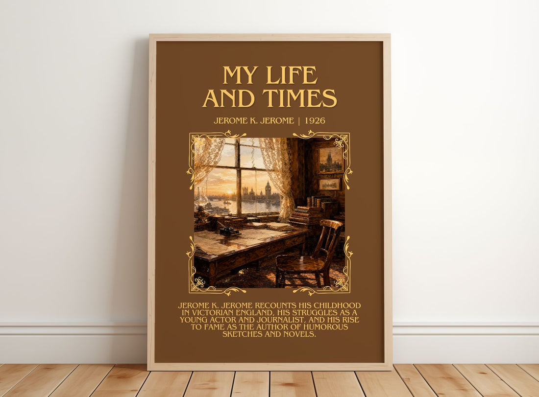 My Life And Times Minimalist Book Poster by Jerome K. Jerome – framed print leaning on a wooden floor