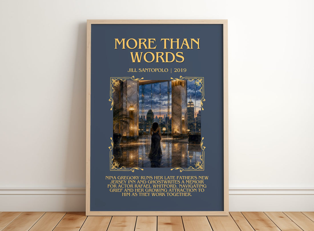 More Than Words Minimalist Book Poster by Jill Santopolo – framed print leaning on a wooden floor