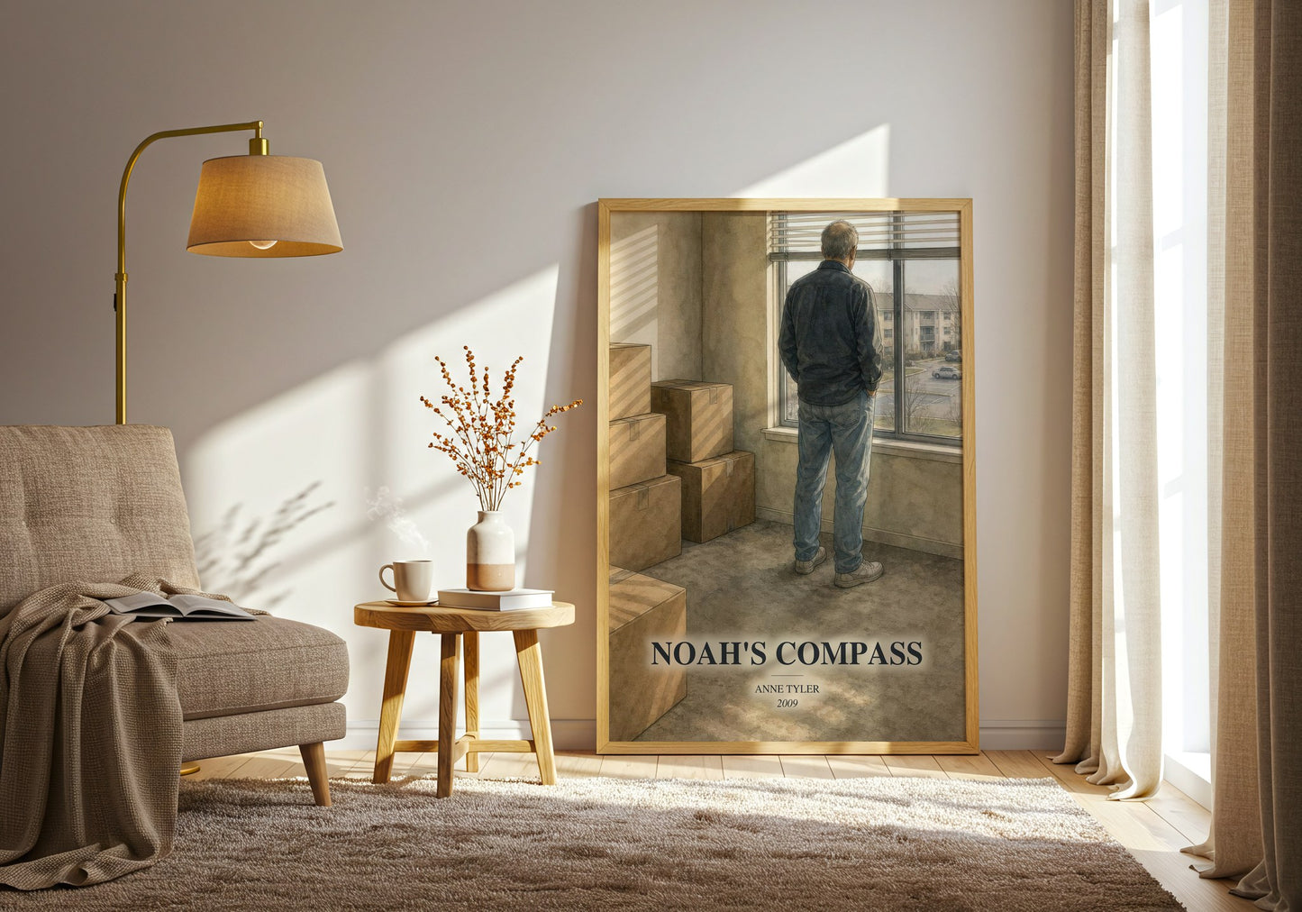 Noah'S Compass watercolour print in frame leaning in hallway – literary fiction wall art