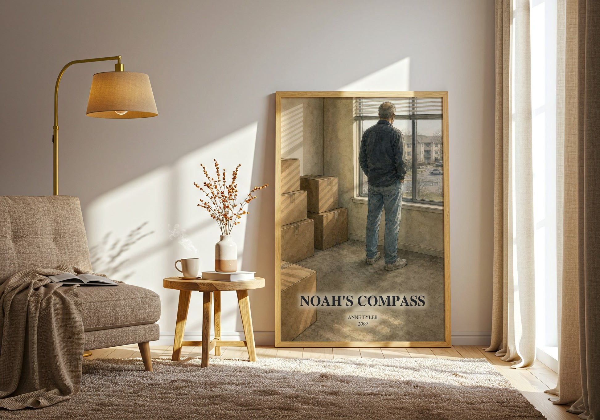 Noah'S Compass watercolour print in frame leaning in hallway – literary fiction wall art