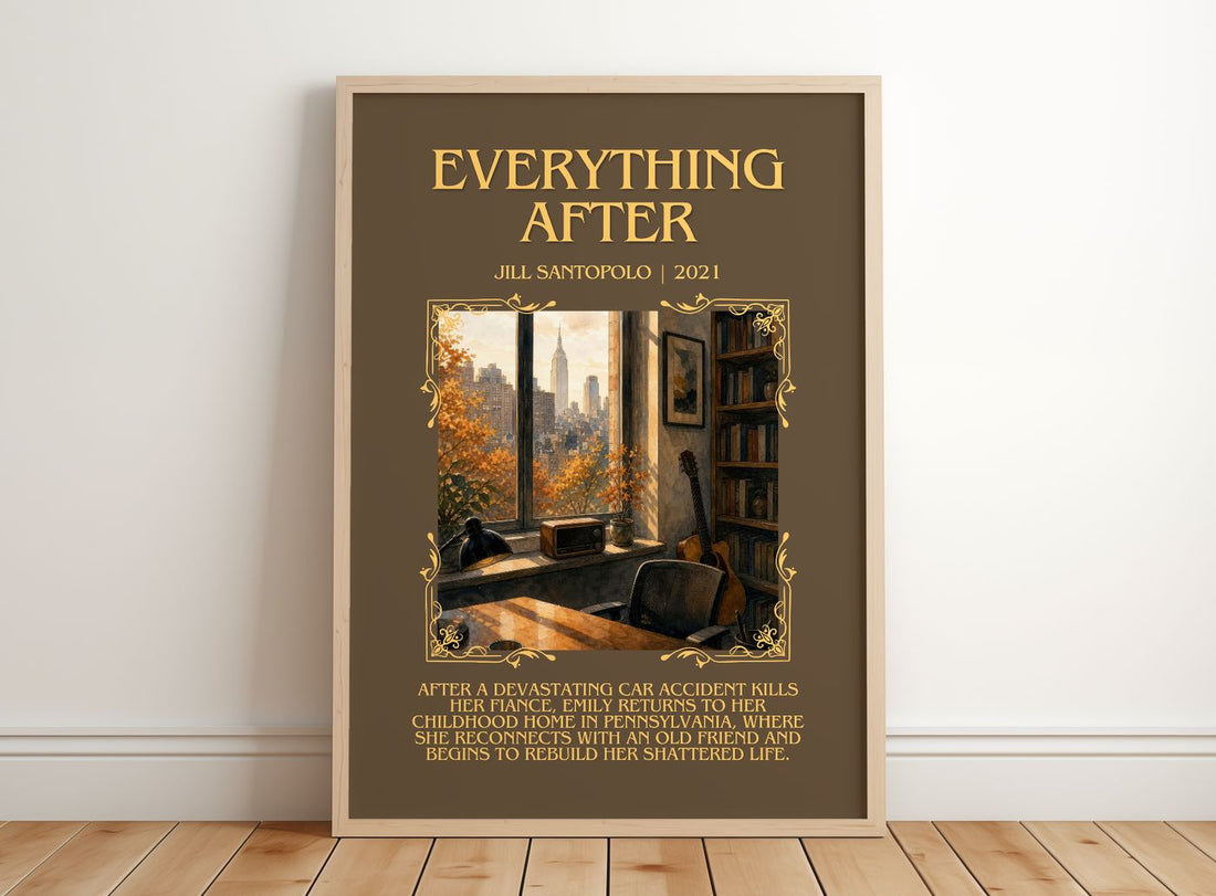 Everything After Minimalist Book Poster by Jill Santopolo – framed print leaning on a wooden floor