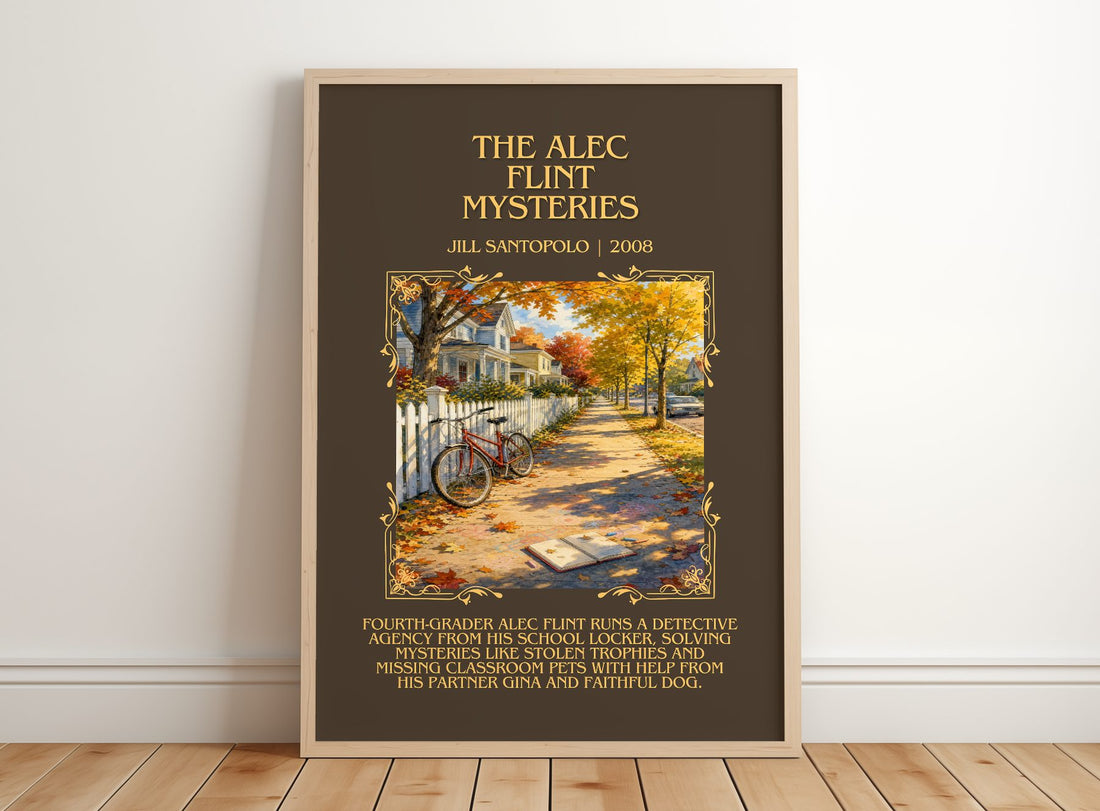 The Alec Flint Mysteries Minimalist Book Poster by Jill Santopolo – framed print leaning on a wooden floor