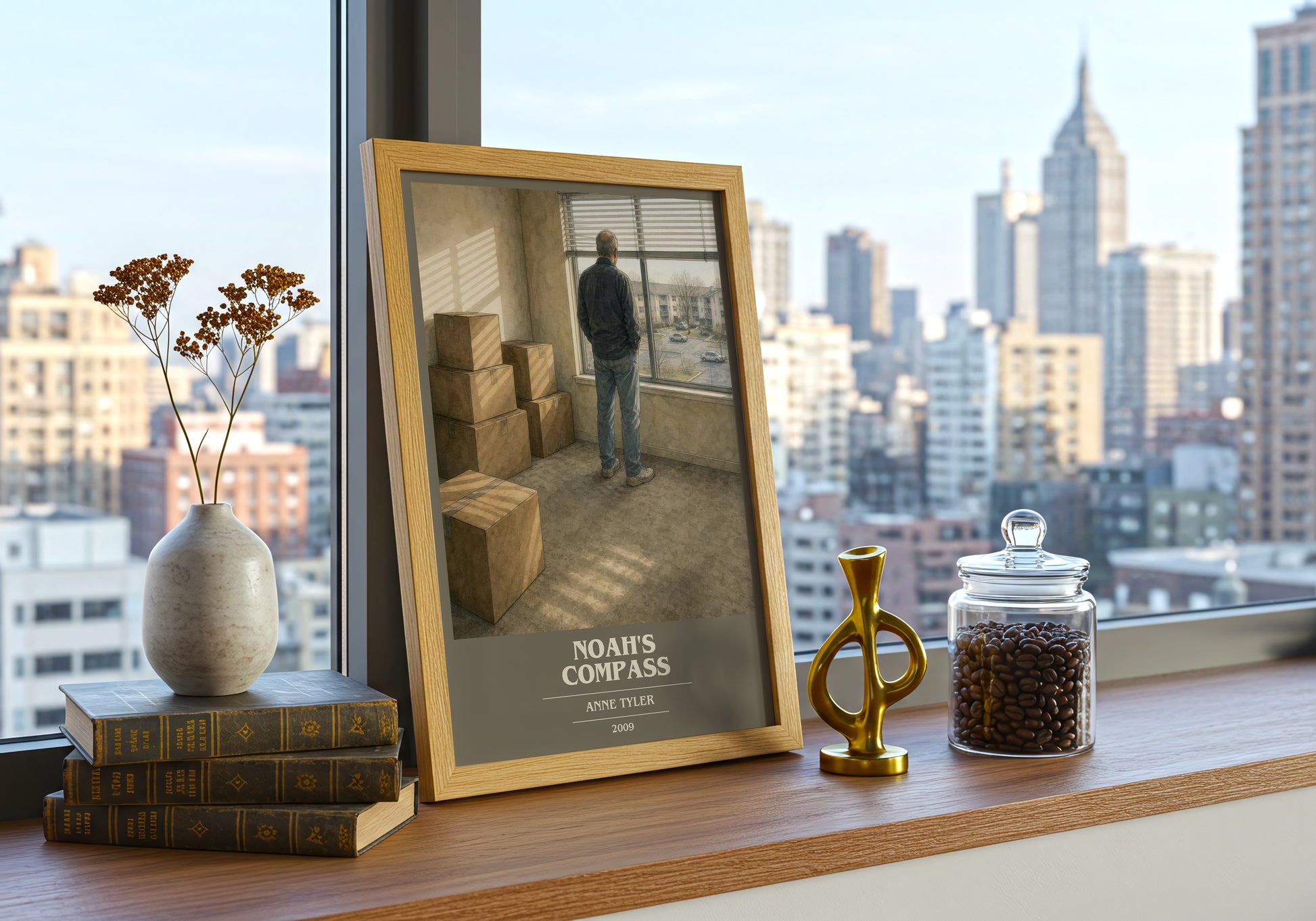 Noah'S Compass book cover print framed by window – literary home decor