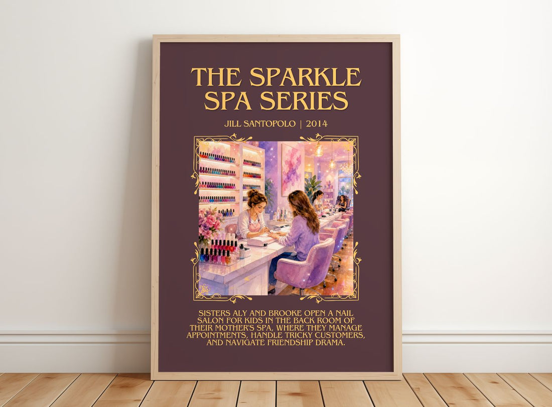 The Sparkle Spa Series Minimalist Book Poster by Jill Santopolo – framed print leaning on a wooden floor
