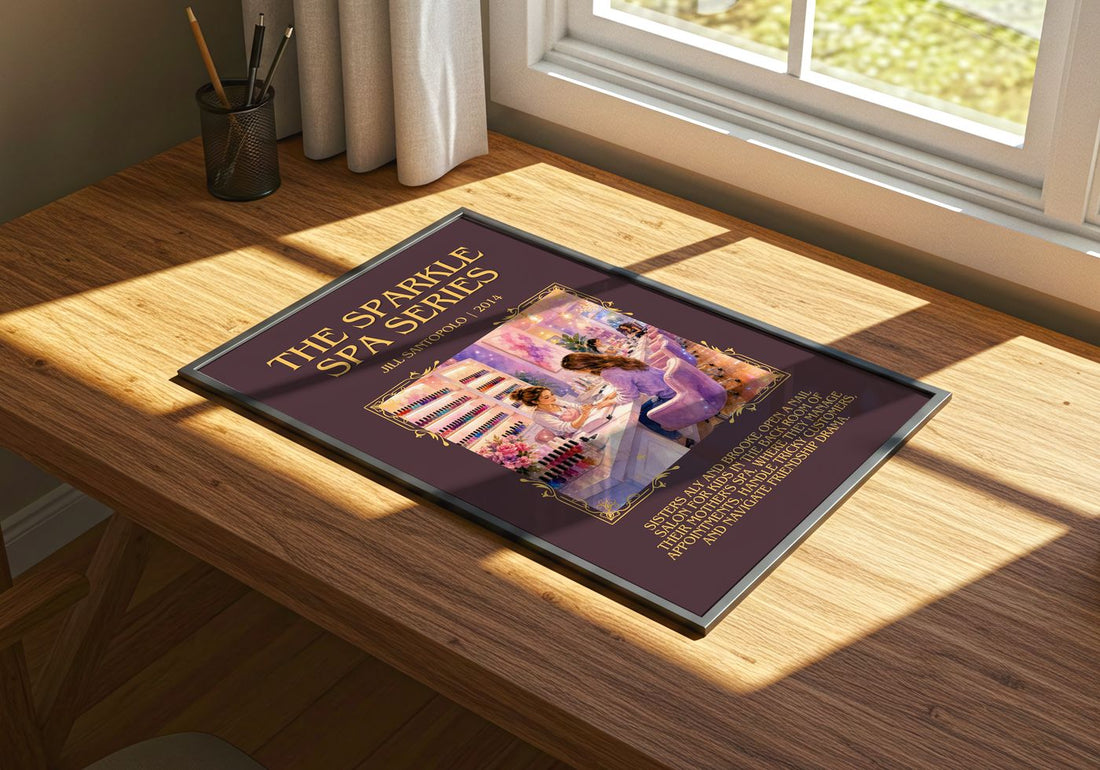 The Sparkle Spa Series Minimalist Book Poster by Jill Santopolo – print on a sunlit desk