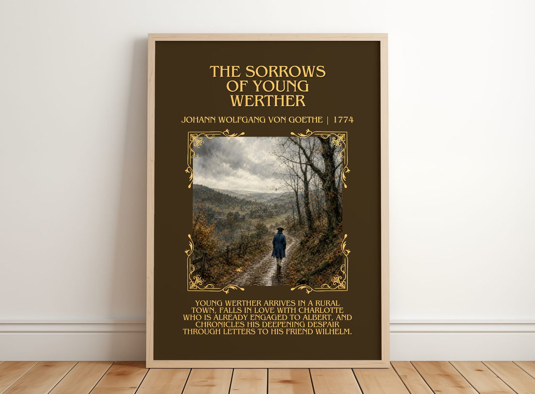 Sorrows Of Young Werther Minimalist Book Poster by J. Goethe – framed print leaning on a wooden floor
