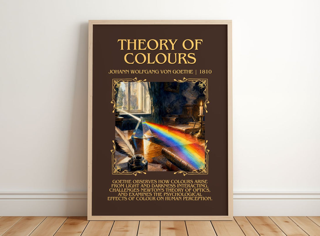 Theory Of Colours Minimalist Book Poster by Johann Wolfgang Von Goethe – framed print leaning on a wooden floor