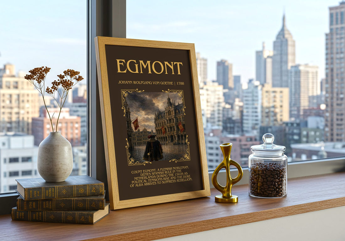 Egmont Minimalist Book Poster by Johann Wolfgang Von Goethe – framed print on a city-view windowsill