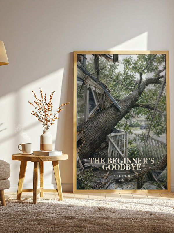 The Beginner'S Goodbye watercolour print in frame leaning in hallway – literary fiction wall art