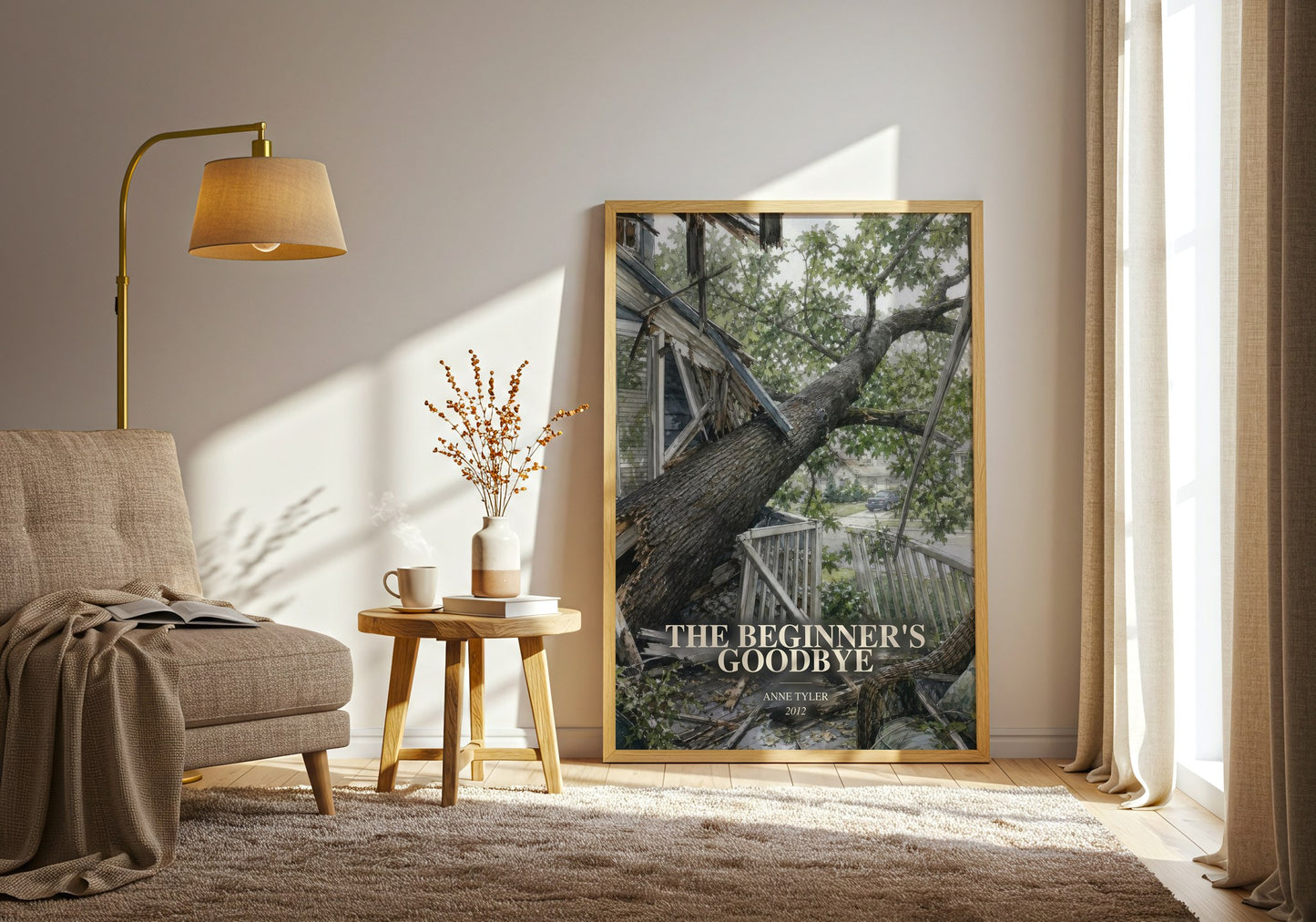 The Beginner'S Goodbye watercolour print in frame leaning in hallway – literary fiction wall art