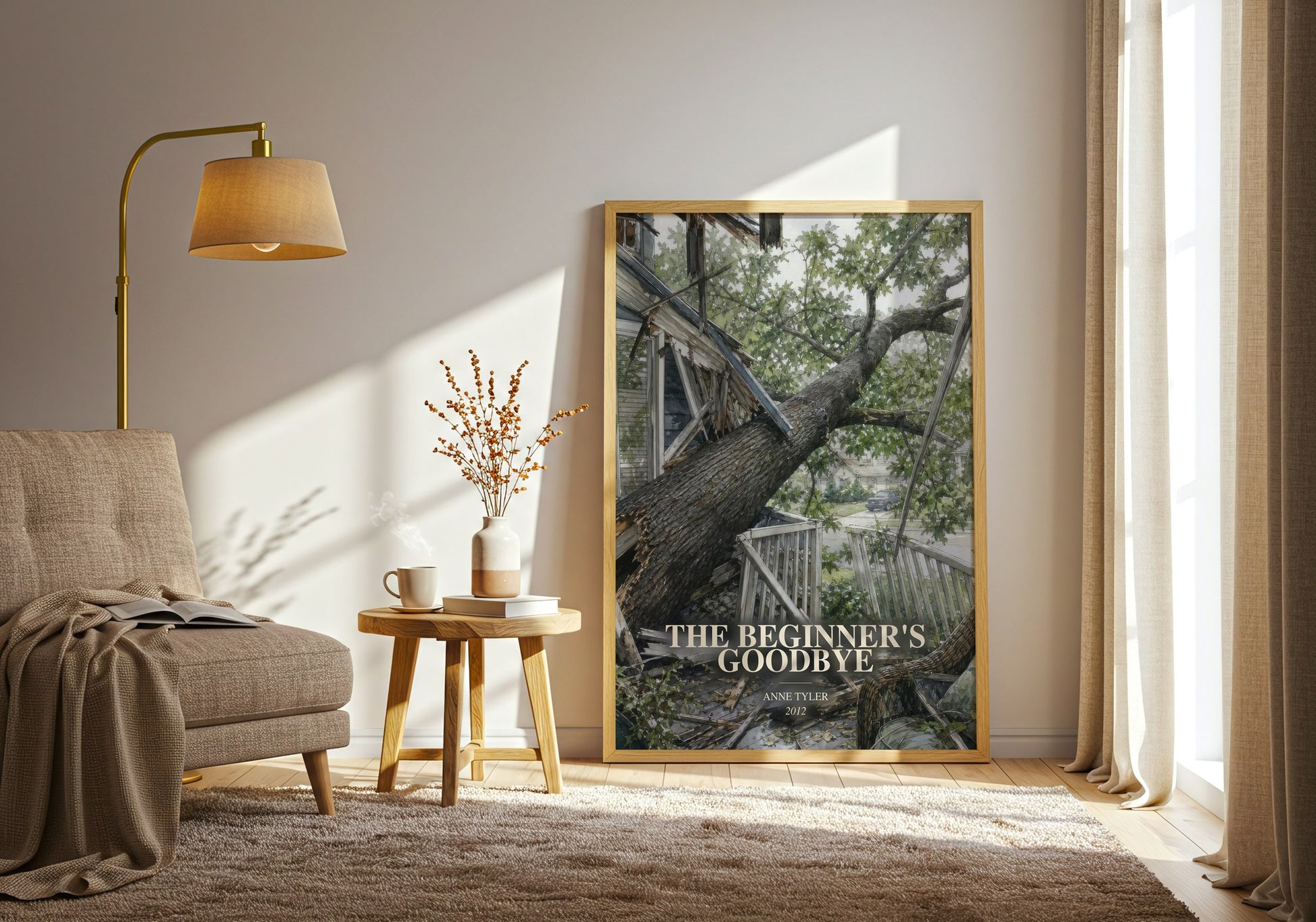 The Beginner'S Goodbye watercolour print in frame leaning in hallway – literary fiction wall art