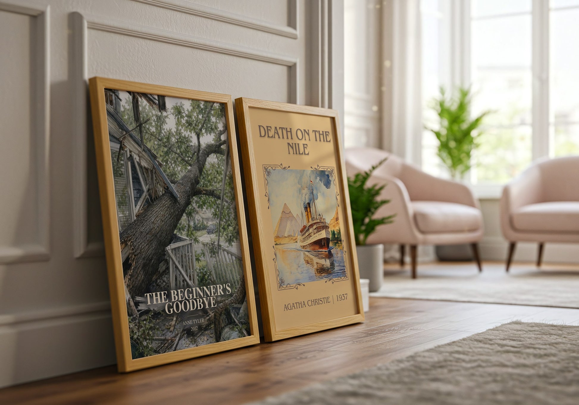 The Beginner'S Goodbye watercolour print framed by window – literary home decor