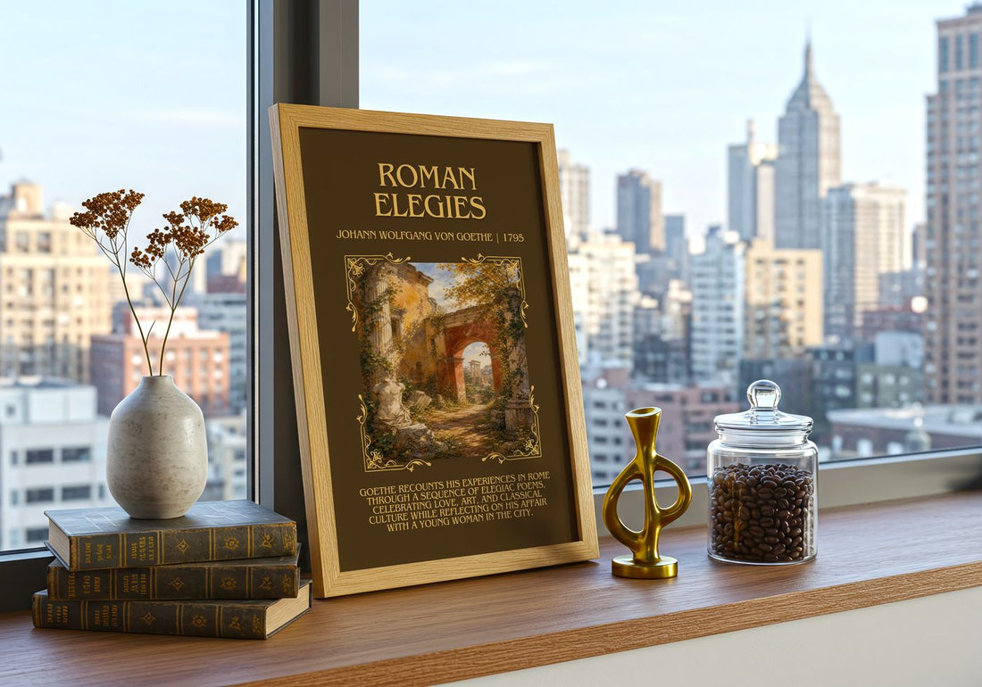 Roman Elegies Minimalist Book Poster by Johann Wolfgang Von Goethe – framed print on a city-view windowsill