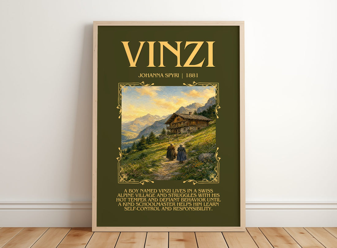 Vinzi Minimalist Book Poster by Johanna Spyri – framed print leaning on a wooden floor