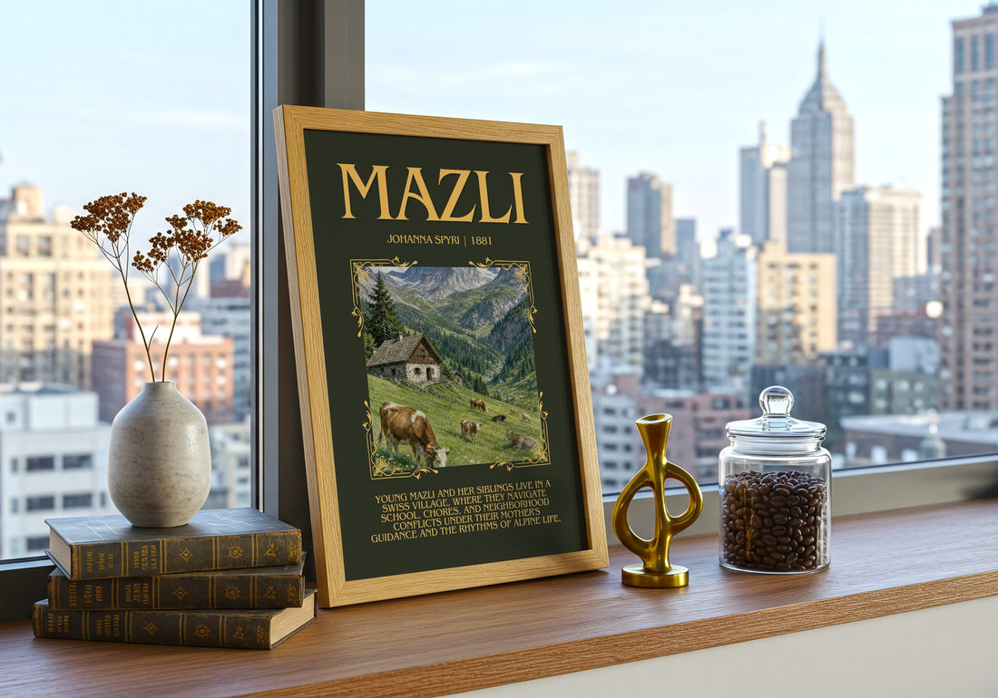 Mazli Minimalist Book Poster by Johanna Spyri – framed print on a city-view windowsill