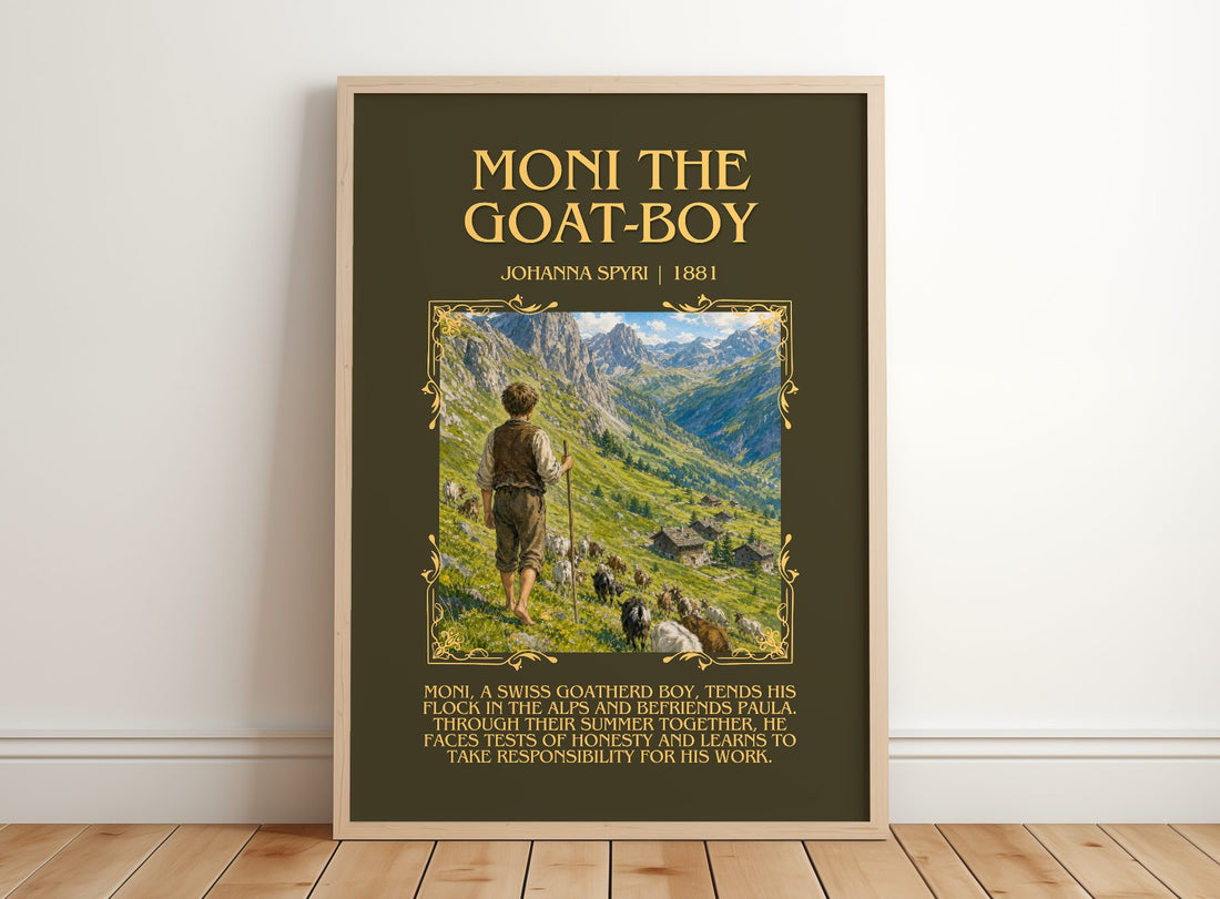 Moni The Goat-Boy Minimalist Book Poster by Johanna Spyri – framed print leaning on a wooden floor