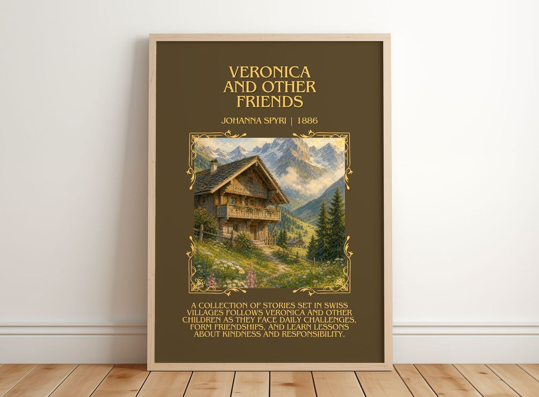 Veronica And Other Friends Minimalist Book Poster by Johanna Spyri – framed print leaning on a wooden floor