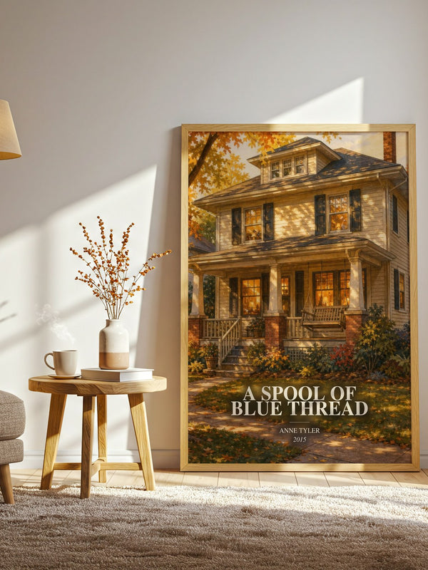 A Spool Of Blue Thread watercolour print in frame leaning in hallway – literary fiction wall art