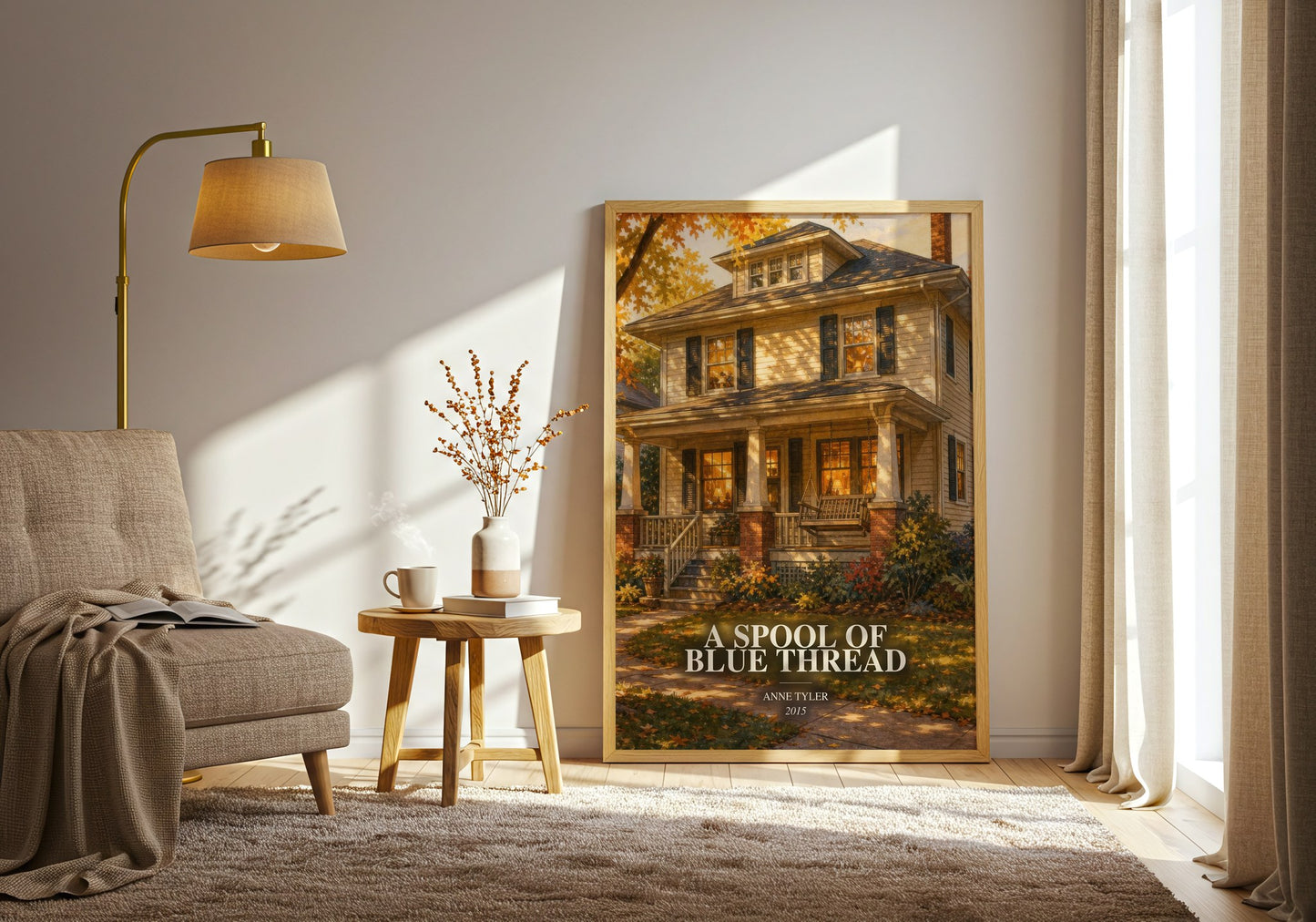 A Spool Of Blue Thread watercolour print in frame leaning in hallway – literary fiction wall art