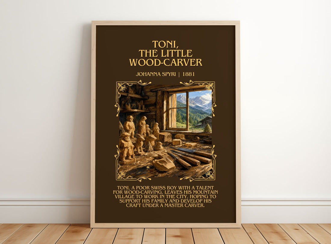 Toni, The Little Wood-Carver Minimalist Book Poster by Johanna Spyri – framed print leaning on a wooden floor