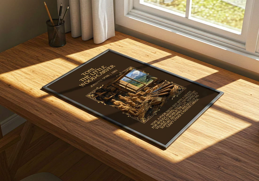 Toni, The Little Wood-Carver Minimalist Book Poster by Johanna Spyri – print on a sunlit desk