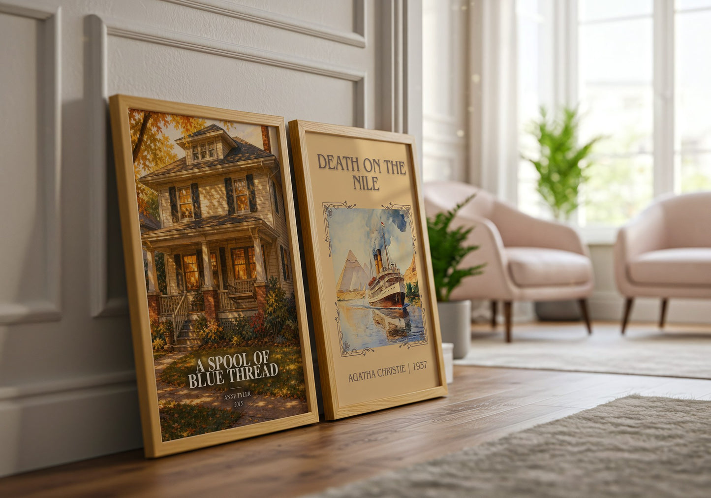 A Spool Of Blue Thread watercolour print framed by window – literary home decor