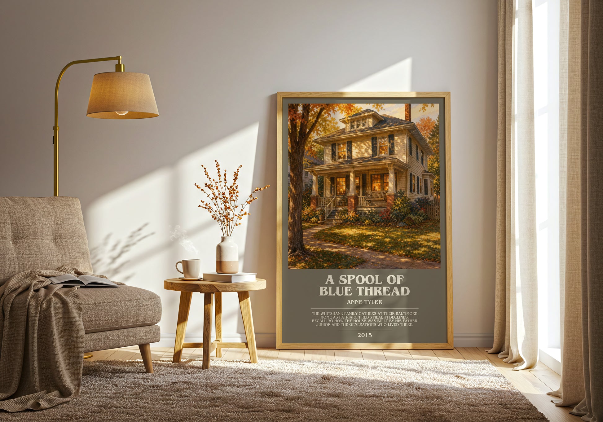 A Spool Of Blue Thread bookish print on bookshelf – Anne Tyler fan gift