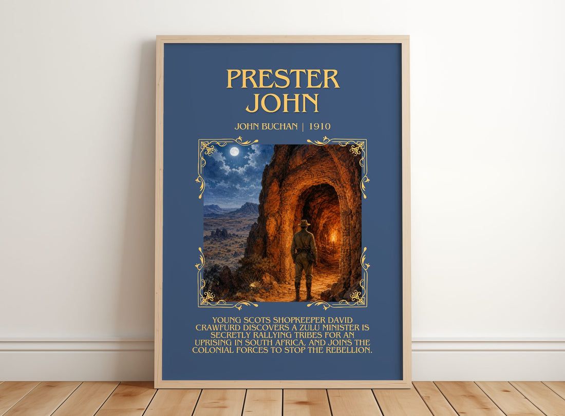 Prester John Minimalist Book Poster by John Buchan – framed print leaning on a wooden floor