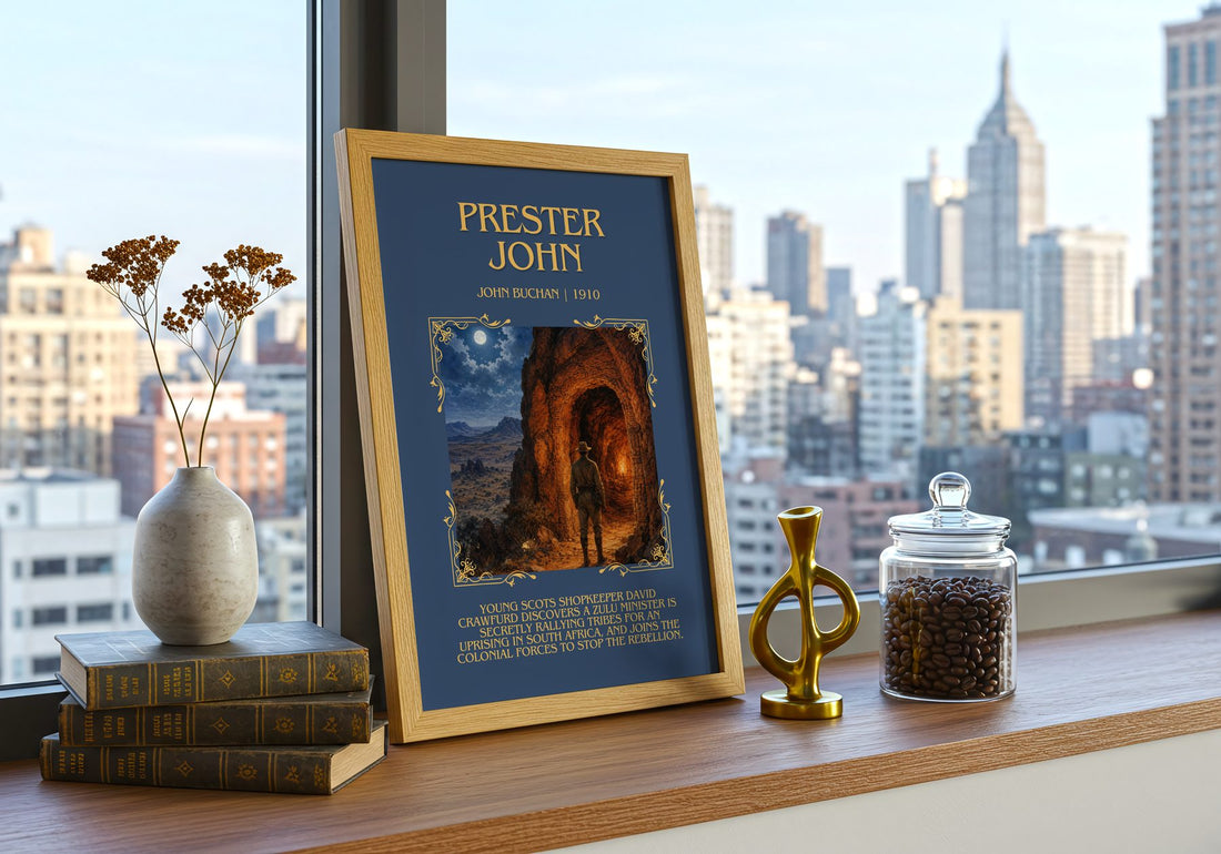 Prester John Minimalist Book Poster by John Buchan – framed print on a city-view windowsill