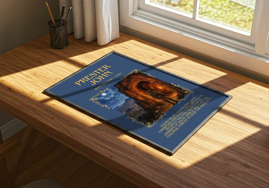 Prester John Minimalist Book Poster by John Buchan – print on a sunlit desk