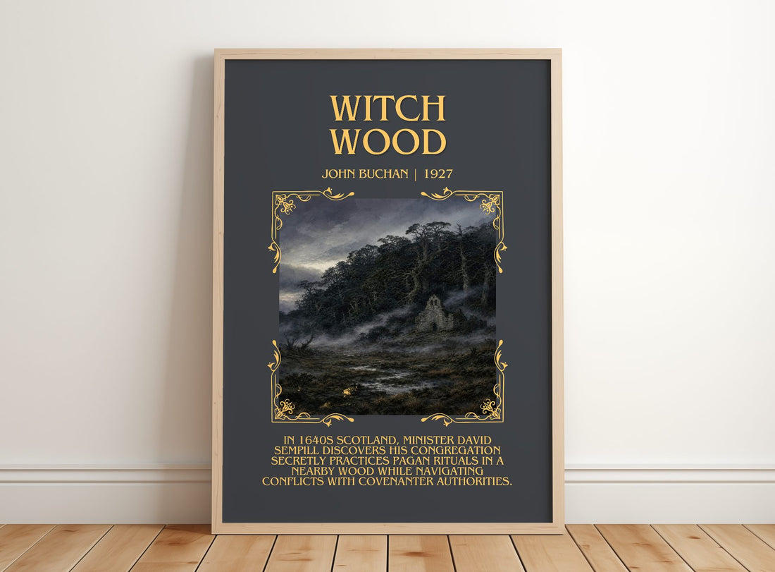 Witch Wood Minimalist Book Poster by John Buchan – framed print leaning on a wooden floor