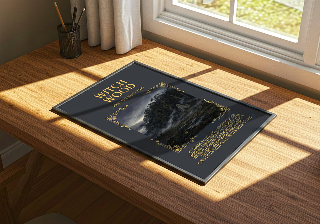 Witch Wood Minimalist Book Poster by John Buchan – print on a sunlit desk