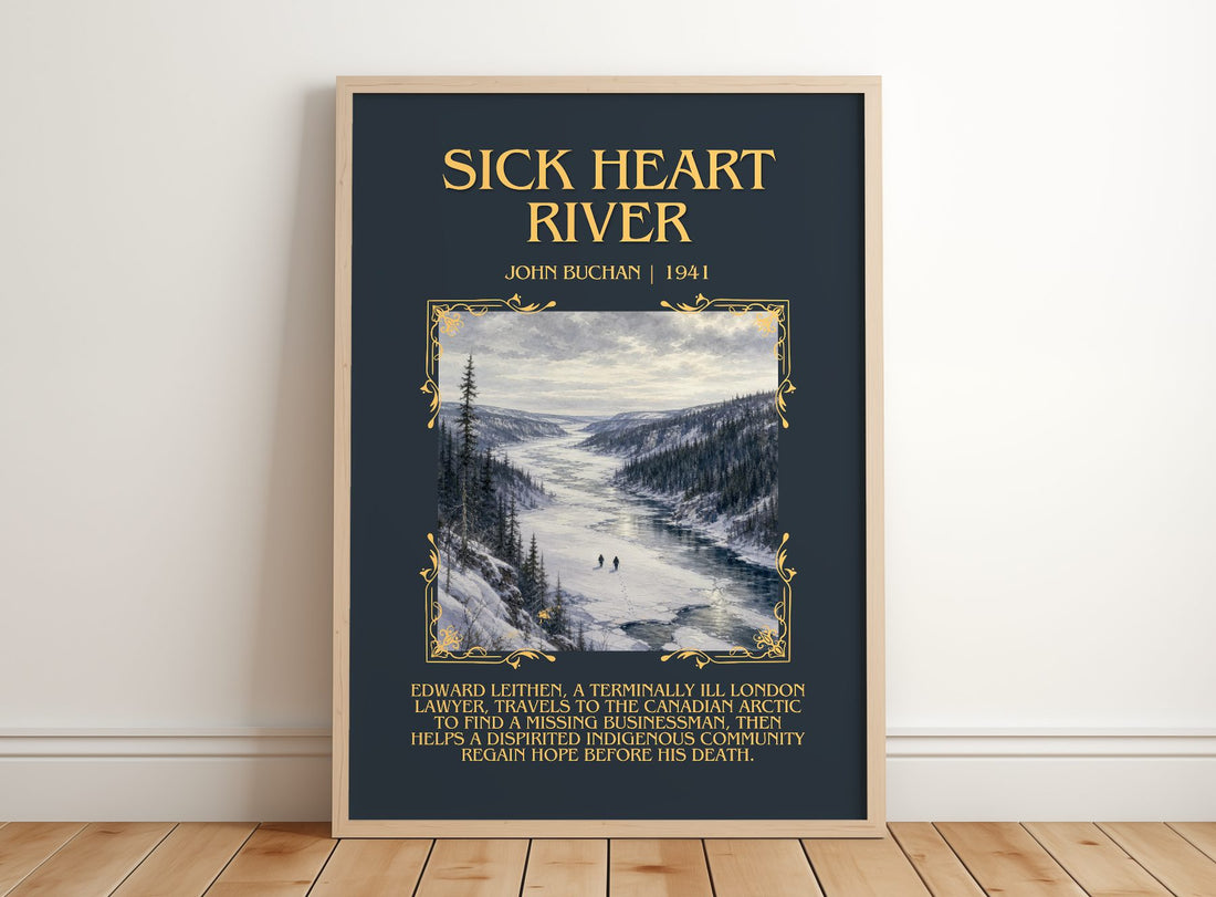 Sick Heart River Minimalist Book Poster by John Buchan – framed print leaning on a wooden floor